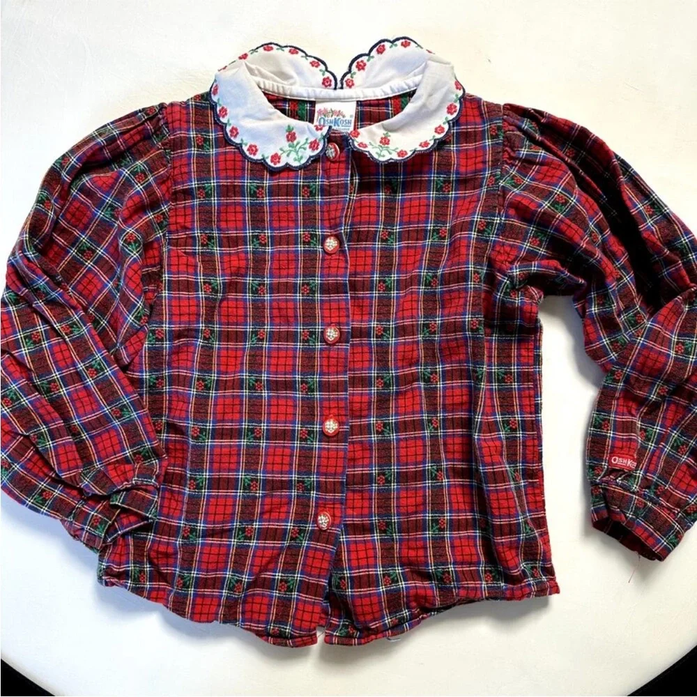 Vintage OshKosh Overalls with Red Plaid Details and matching Button Up Shirt set